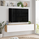 Vue latérale du meuble TV flottant Oasis en blanc et bois clair
